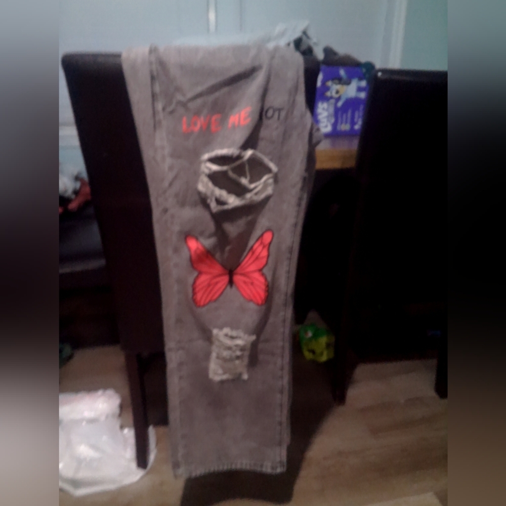 Gray Jeans with Red Butterfly Design